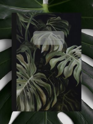 Atelier Marie Marie Montibert Carnet de note pages bléanches couverture Green Addict et fenetre pour nom feuilles de monstera peinte à l'huile